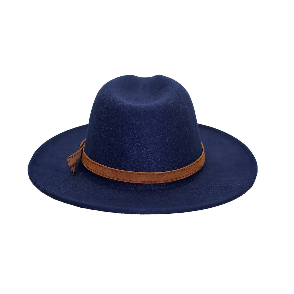 Women Dark Blue Fedora Hat with Brown Ribbon